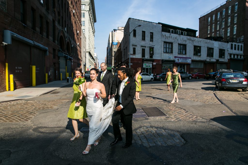 Bride and bridal party walking to Brooklyn Bridge Park