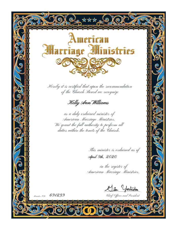 Wedding ordination certificate fromthe American Marriage Ministries