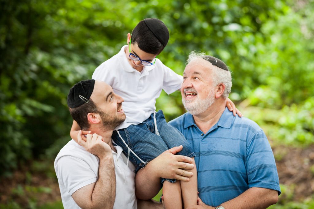Prospect Park family photos of laughing grandfather, son, and grandson