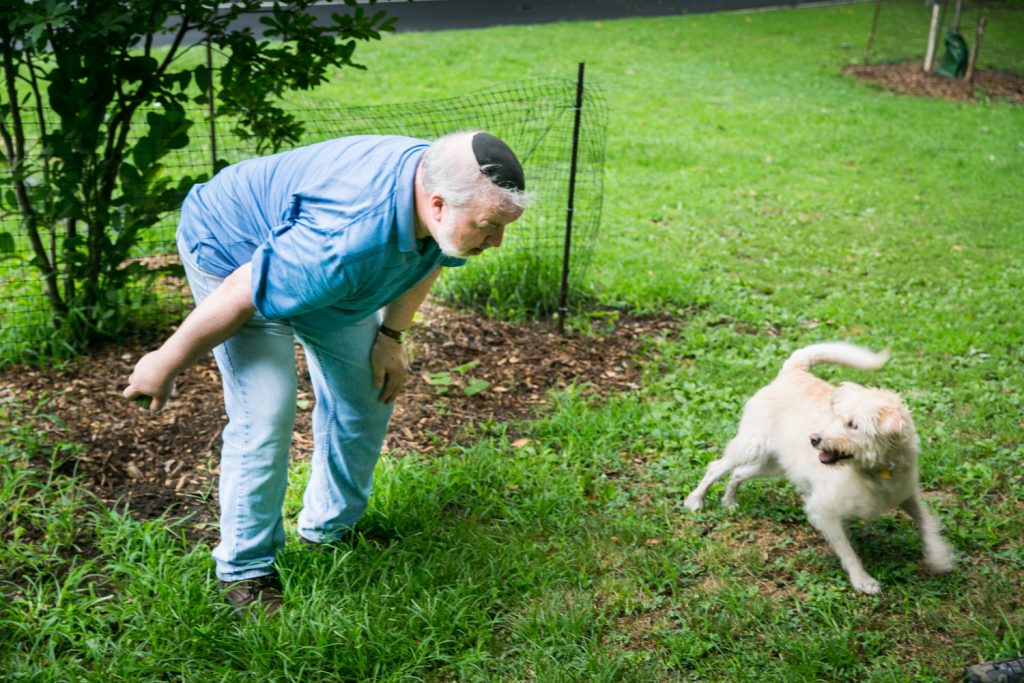 Prospect Park family photos of grandpa playing with a dog