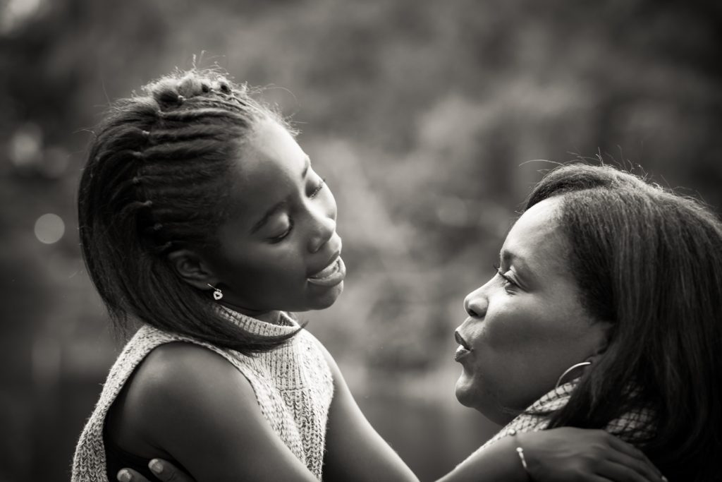 Black and white photo of mother and daughter in Central Park