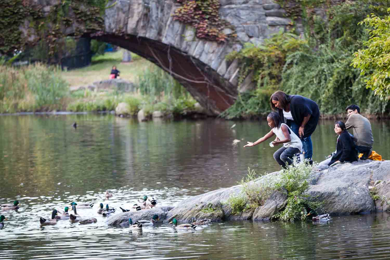 Mother and daughter feeding ducks in front of Gapstow Bridge