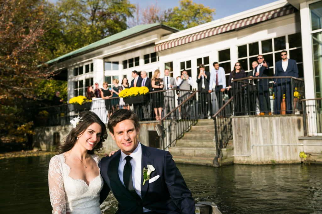 Bride and groom in a Central Park rowboat