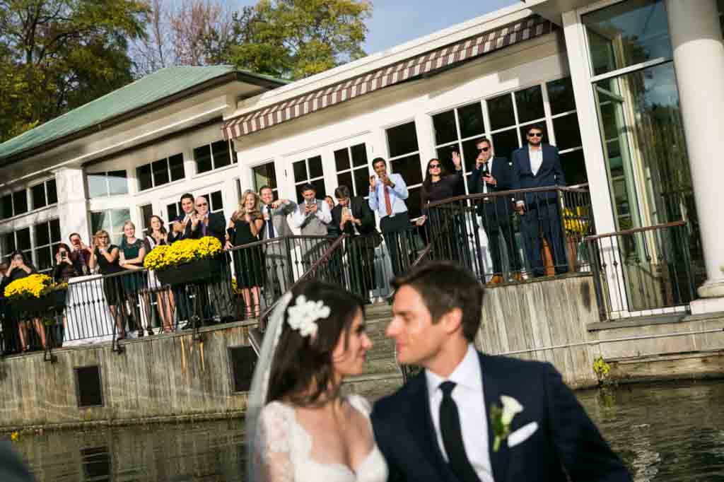 Bride and groom in a Central Park rowboat