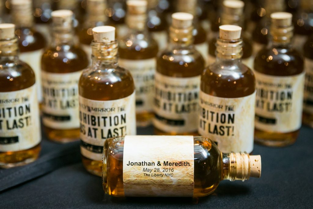Mini bottle of whiskey personalized with name of bride and groom