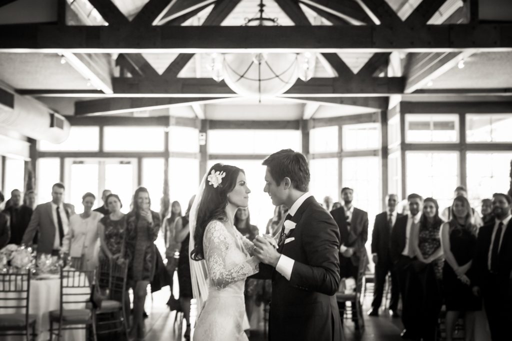 Black and white photo of bride and groom during first dance at a Loeb Boathouse wedding in Central Park
