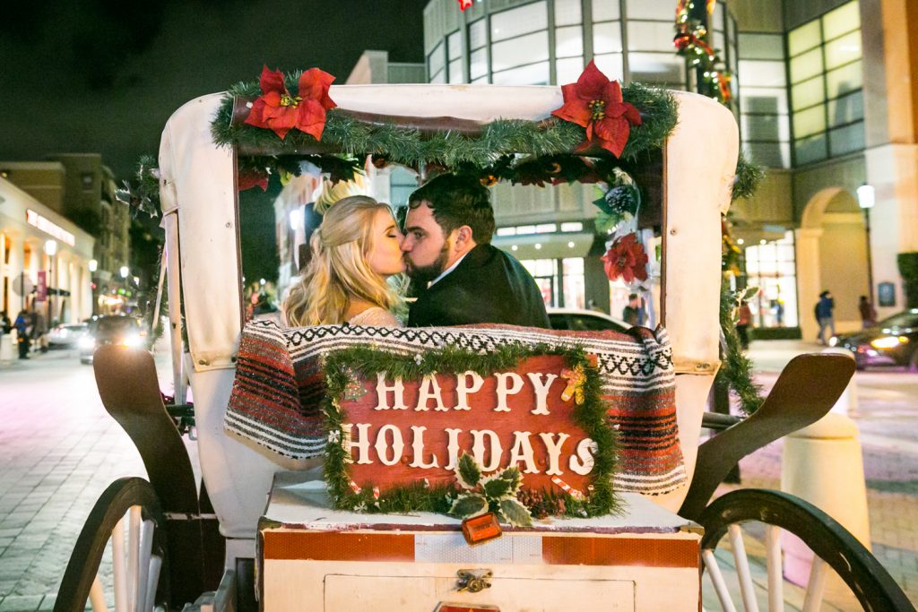 Bride and groom kissing through carriage with 'Happy Holidays' sign