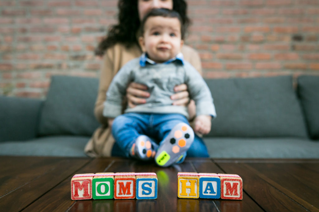 Mother and child portrait with blocks for an article on indoor baby portrait tips