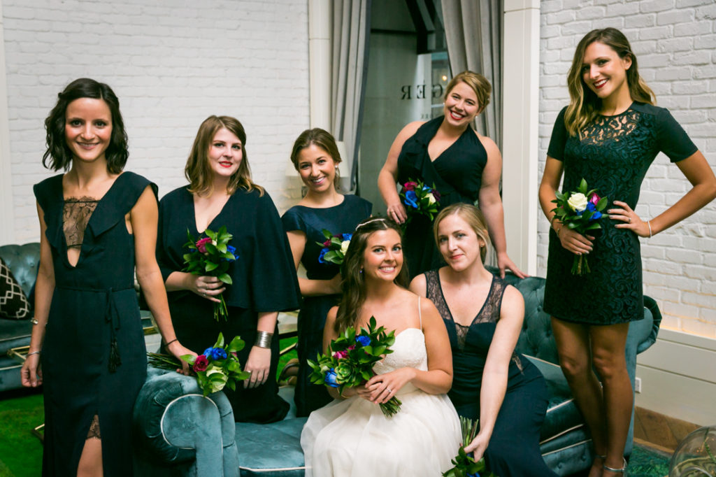 Bridal party portrait for an article on photo tips for mismatched bridesmaid dresses