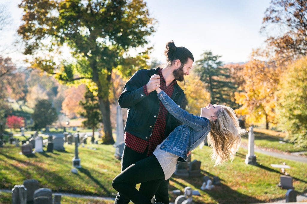 Green-Wood Cemetery engagement photos of couple dancing