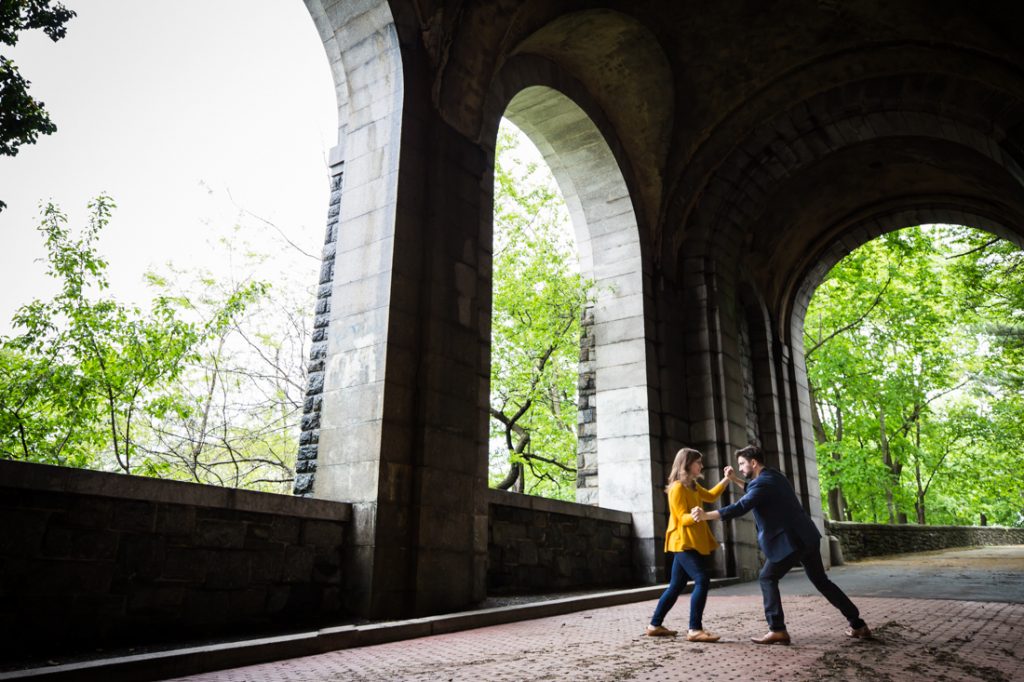 Couple at a Fort Tryon Park engagement portrait