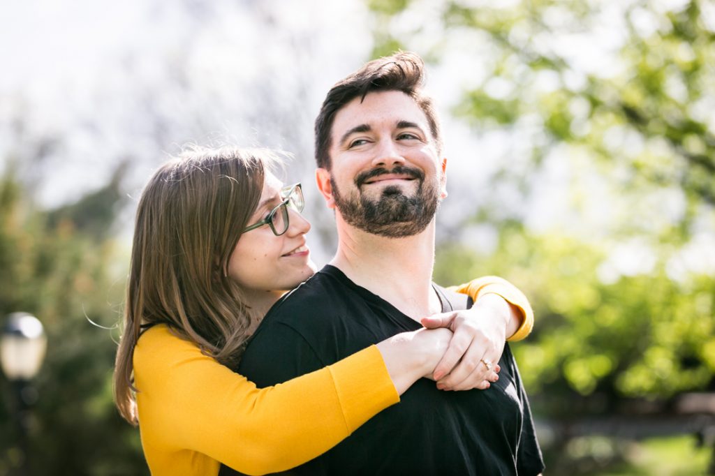 Couple at a Fort Tryon Park engagement portrait