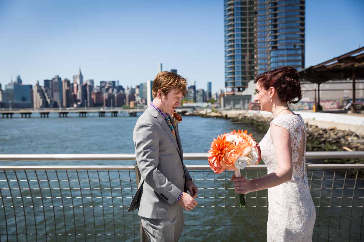 Groom seeing bride for first time during first look