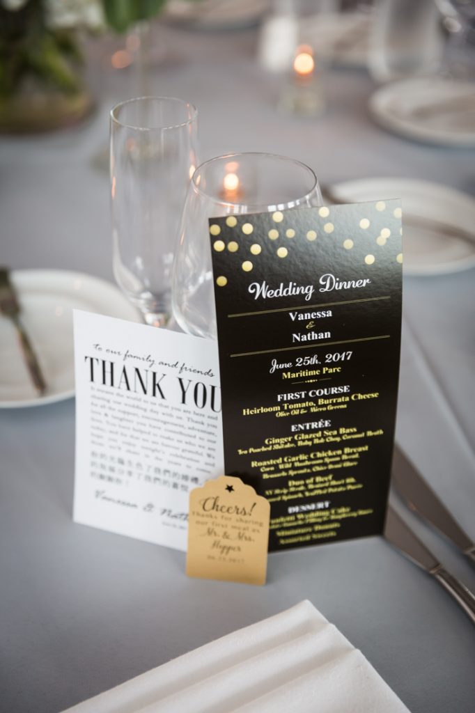 Menu cards at a Maritime Parc wedding