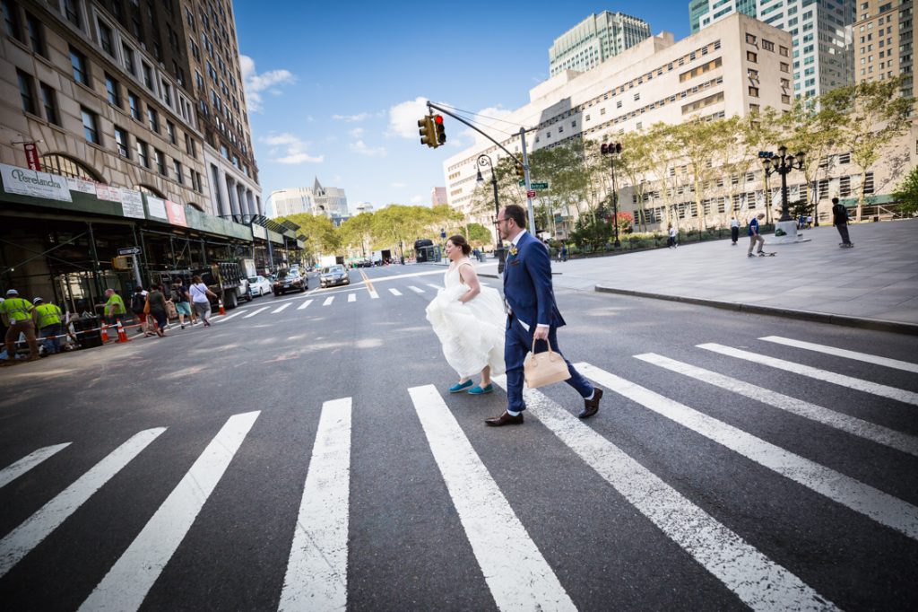 Bride and groom walking to a Brooklyn Historical Society wedding