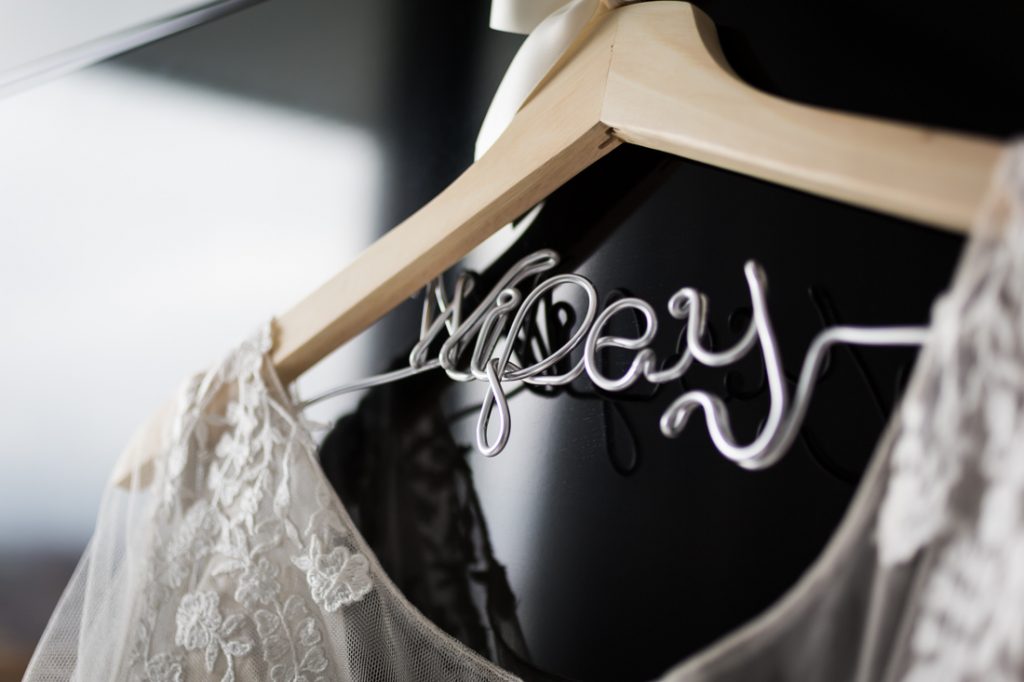 'Wifey' hanger and wedding dress for a 26 Bridge wedding