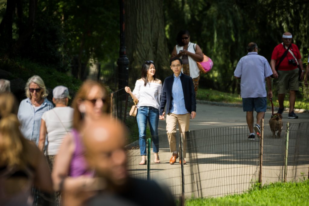 Couple walking in park for an article on a Central Park lake proposal