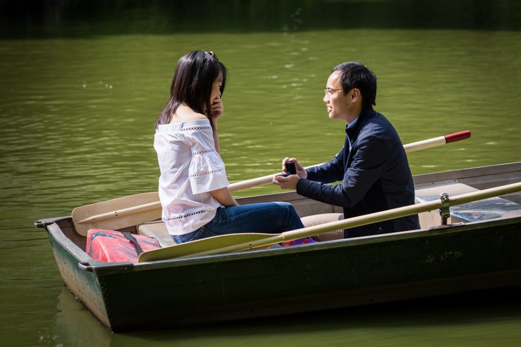 Marriage proposal in Central Park lake for an article on a Central Park lake proposal