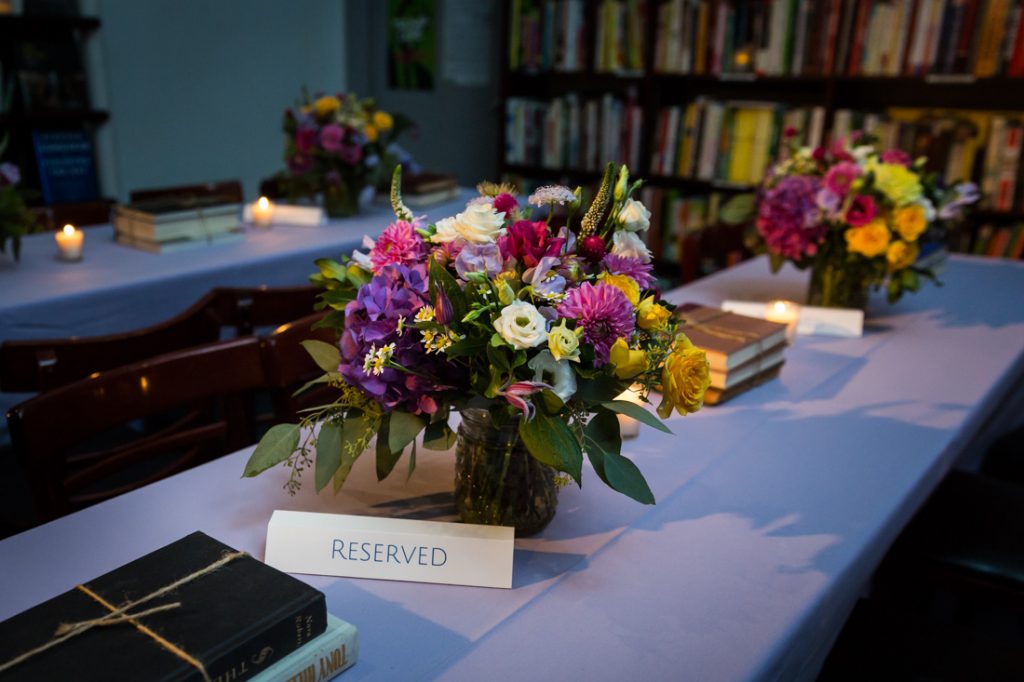 Flower centerpieces at a Housing Works Bookstore Cafe wedding