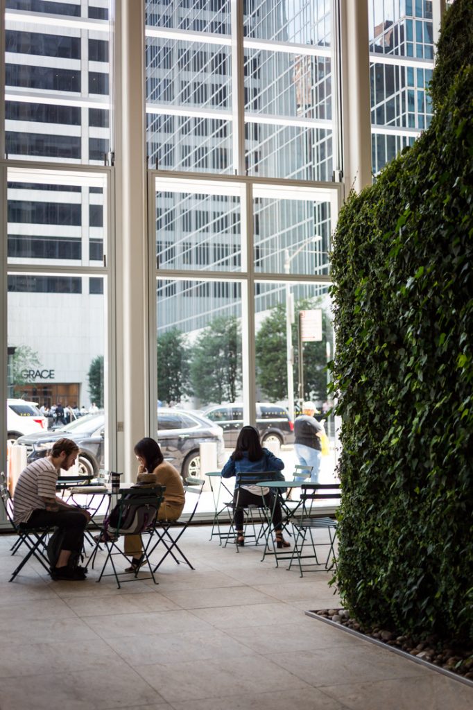 Interior of One Bryant Park for an article on public atriums as an option for NYC rainy day photo shoot locations