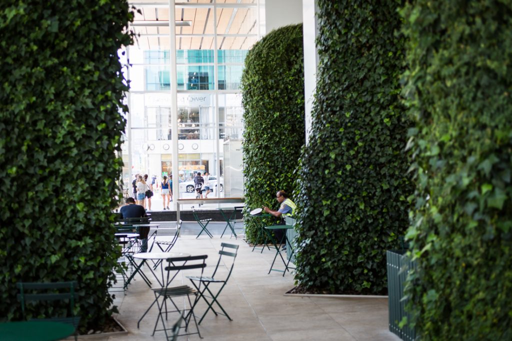 Interior of One Bryant Park for an article on public atriums as an option for NYC rainy day photo shoot locations