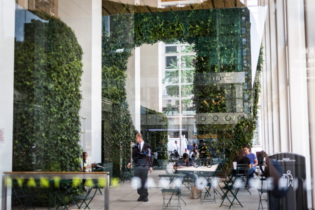 Interior of One Bryant Park for an article on public atriums as an option for NYC rainy day photo shoot locations