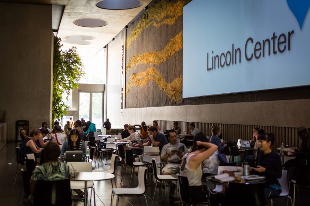 Interior of the David Rubenstein Atrium at Lincoln Center for an article on public atriums as an option for NYC rainy day photo shoot locations