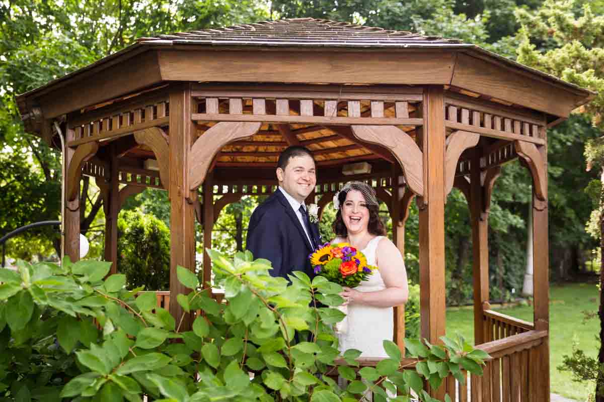 Bride and groom in gazebo for article on a Terrace on the Park wedding