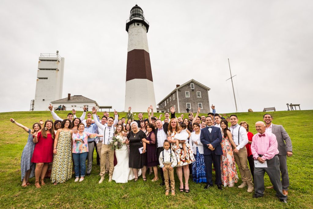 Group family photo for an article on Montauk Lighthouse wedding tips