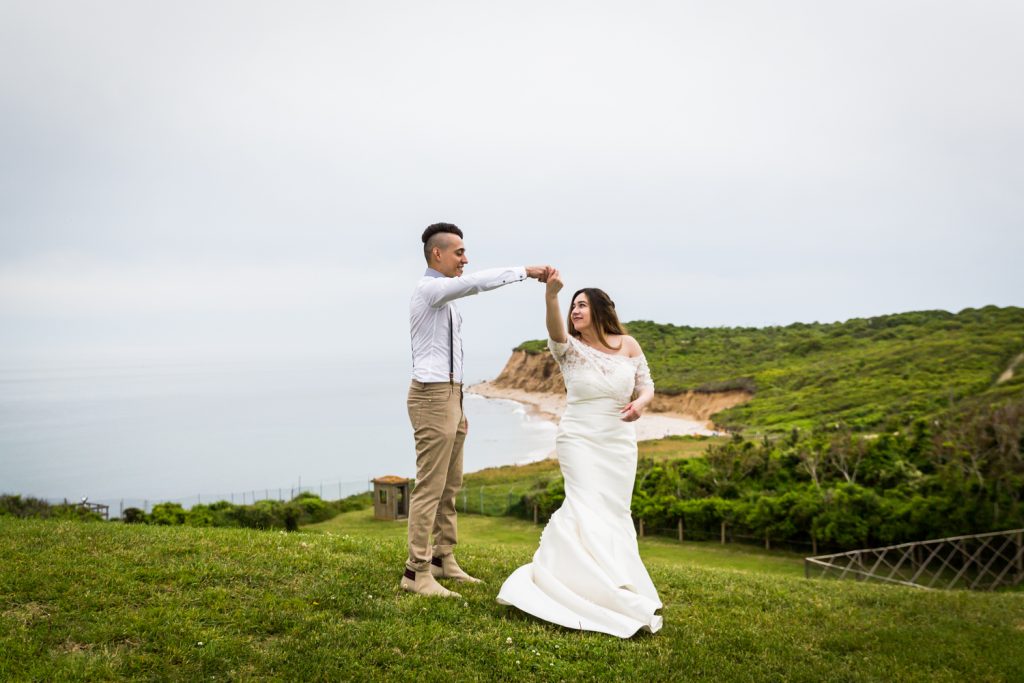 Bride and groom dancing for an article on Montauk Lighthouse wedding tips