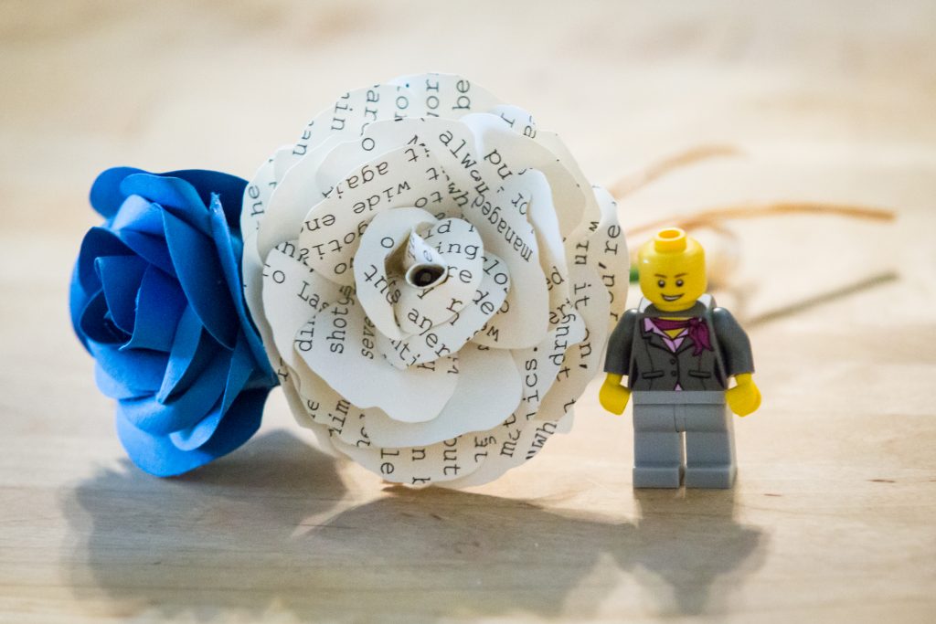 Paper flowers and lego figurine for a wedding