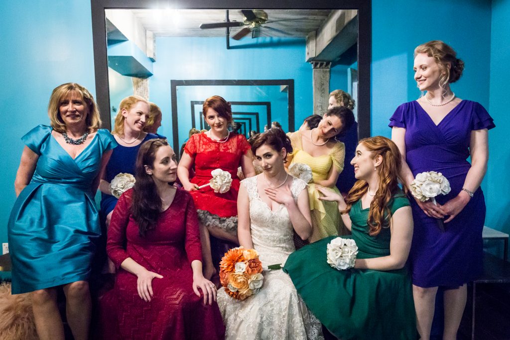 Bride and bridesmaids for an article on bouquet and garter toss alternatives