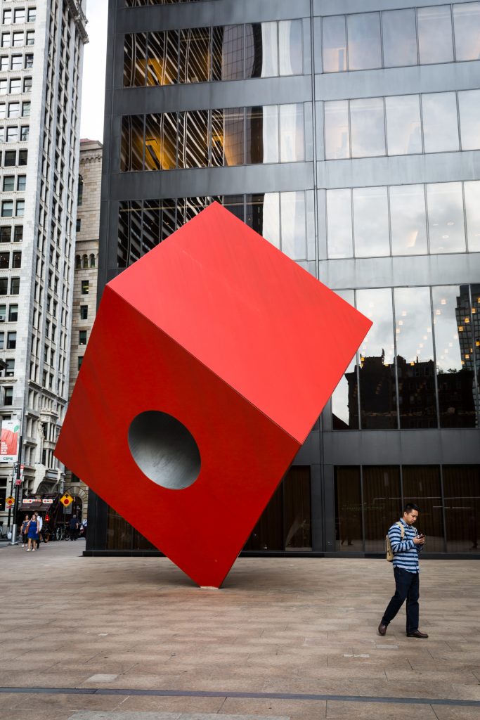 Red block public art for an article on City Hall wedding portrait locations