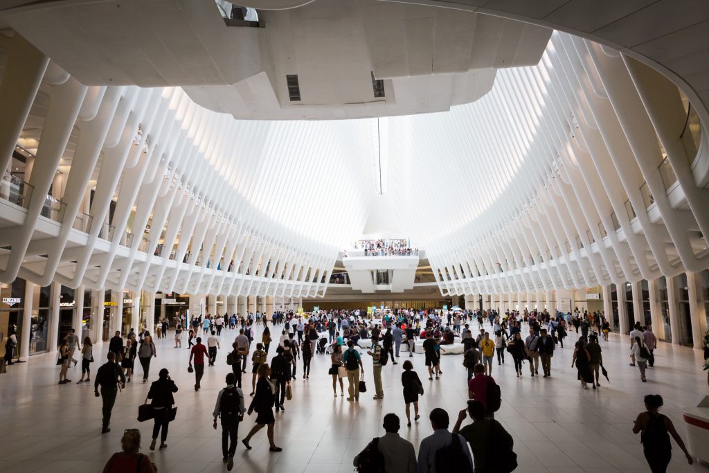 Inside the Oculus for an article on City Hall wedding portrait locations