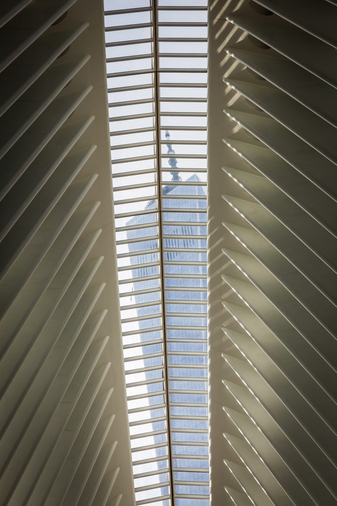 View of Freedom Tower through the Oculus for an article on City Hall wedding portrait locations