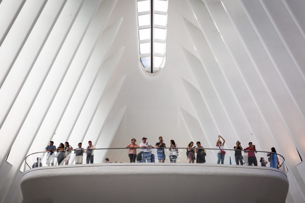 Tourists in the Oculus for an article on City Hall wedding portrait locations