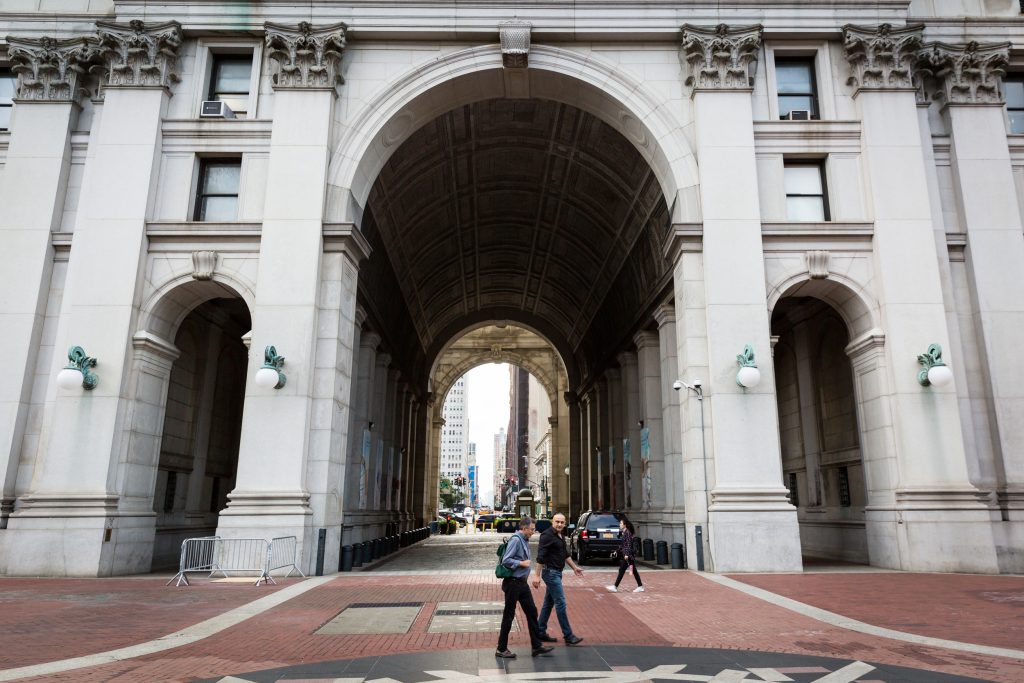 Back of the David Dinkins Municipal Building for an article on City Hall wedding portrait locations