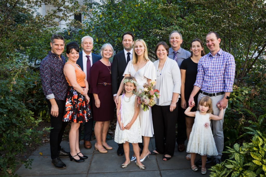 Family portrait in the wedding garden for an article on City Hall wedding portrait locations