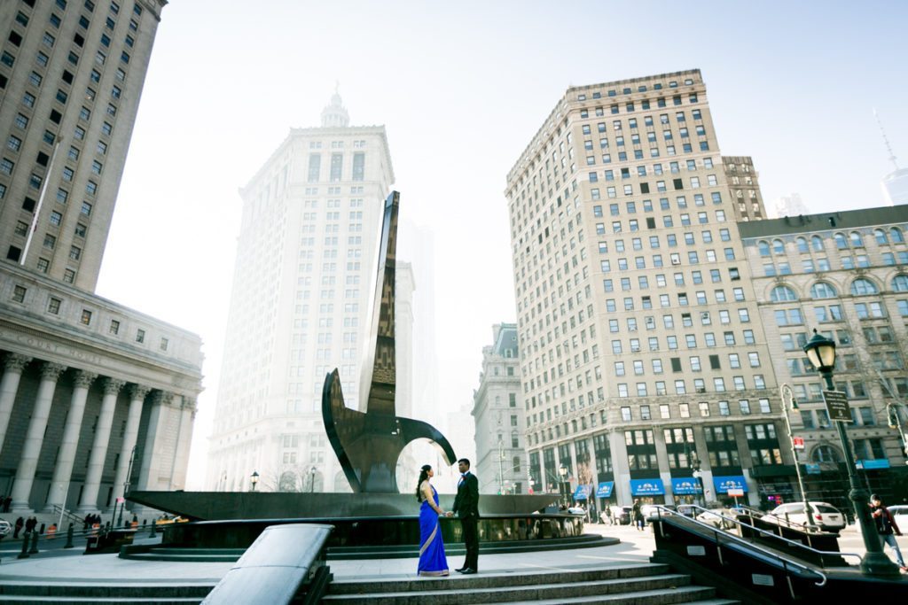 Couple at Foley Square for an article on City Hall wedding portrait locations