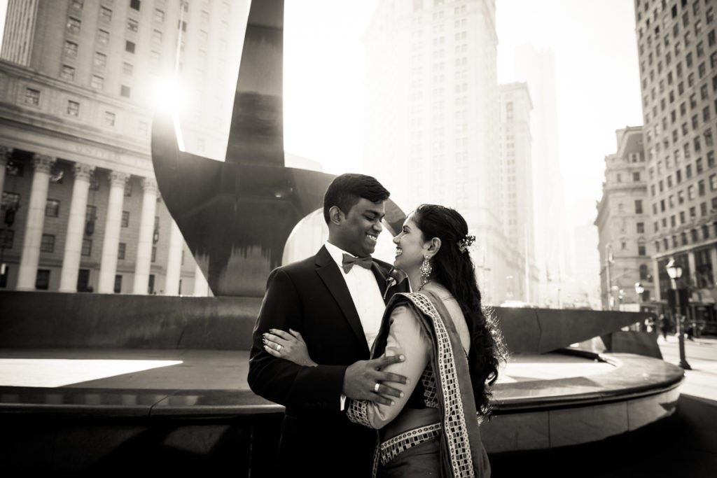 Couple at Foley Square for an article on City Hall wedding portrait locations