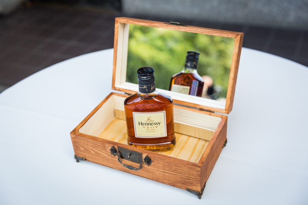 Bottle of Hennessy in box at a Bronx Zoo wedding