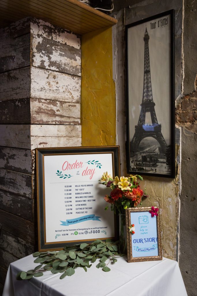 Wedding day schedule and flowers for an article on the pros and cons of a restaurant wedding