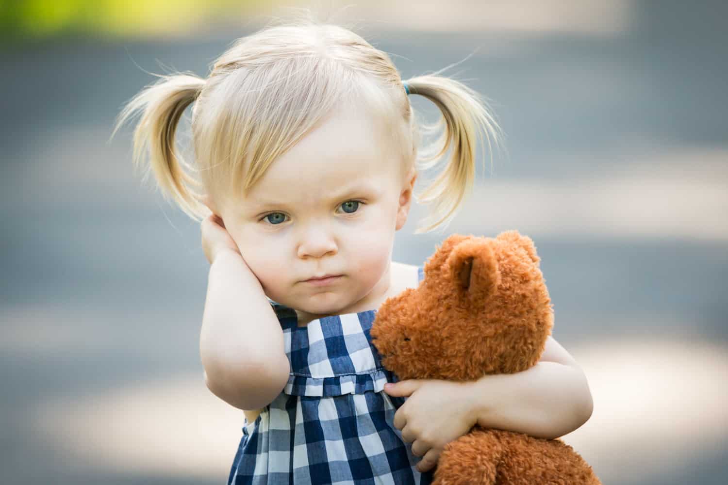 Little blond girl with pigtails holding stuffed animal