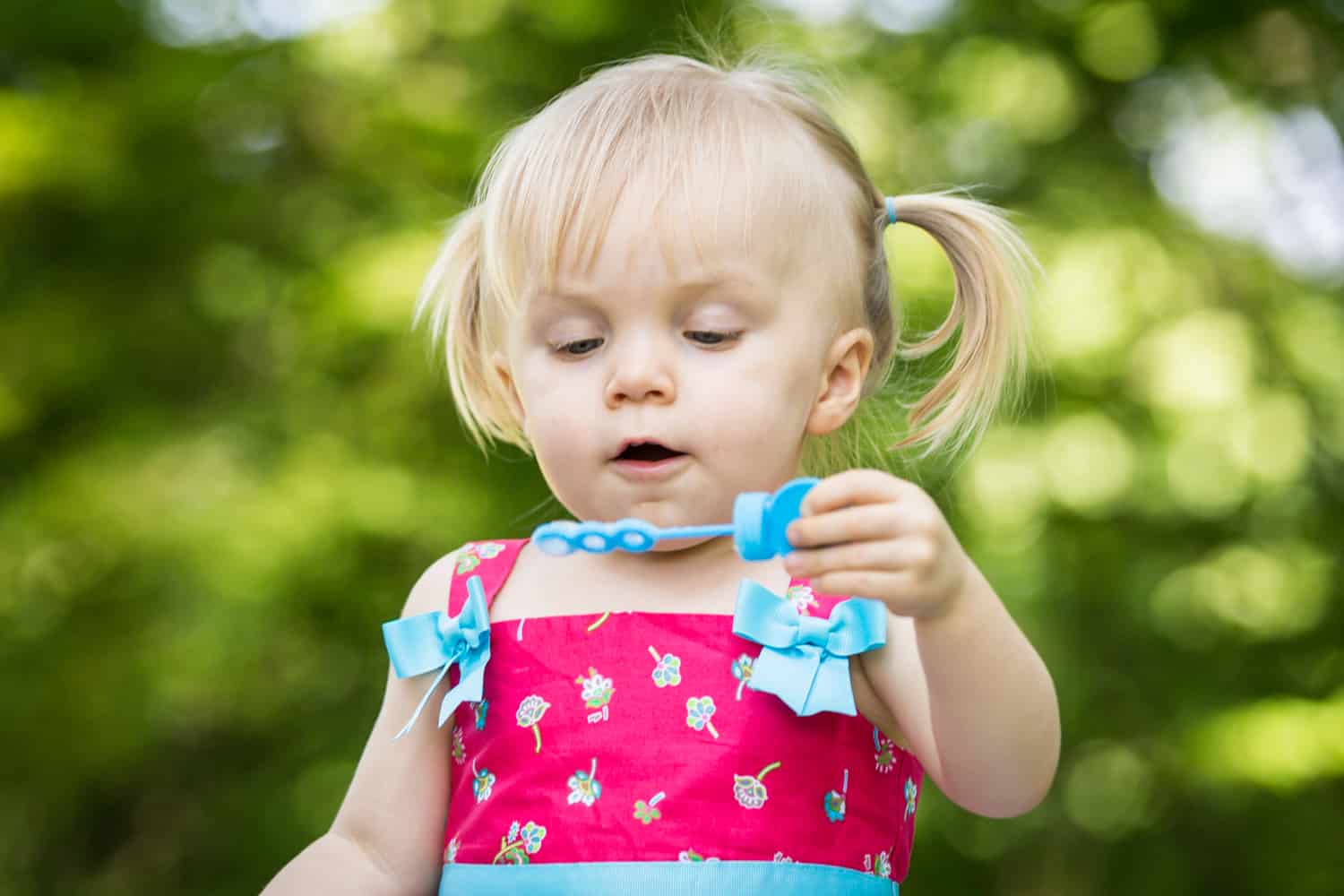 Little girl with pigtails blowing bubbles during a Forest Park family photo shoot