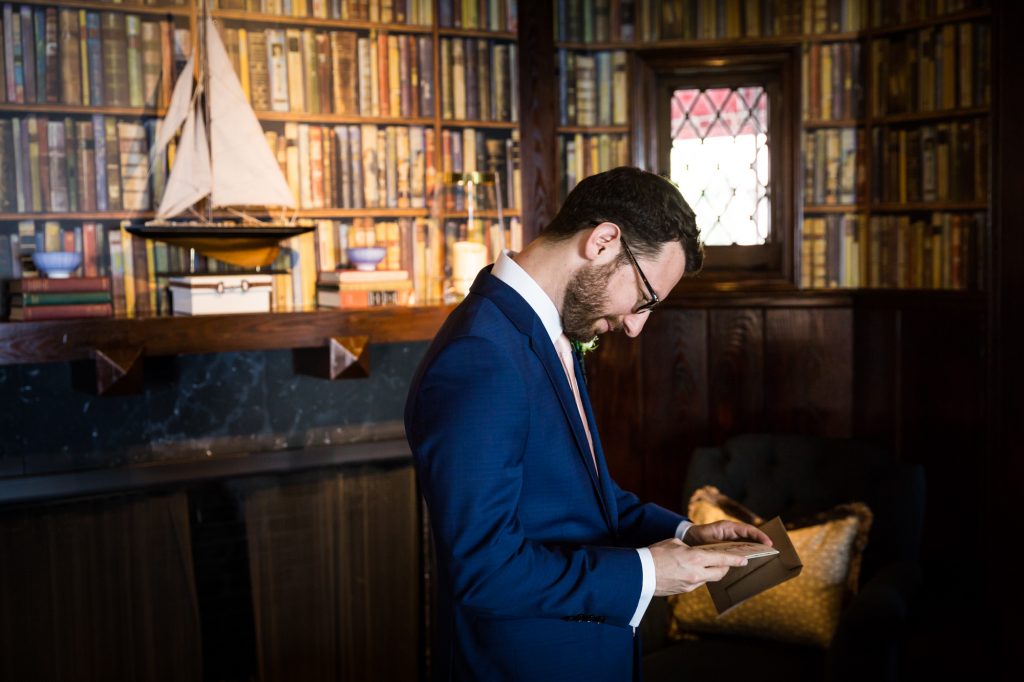 Groom reading letter at a Larchmont Shore Club wedding