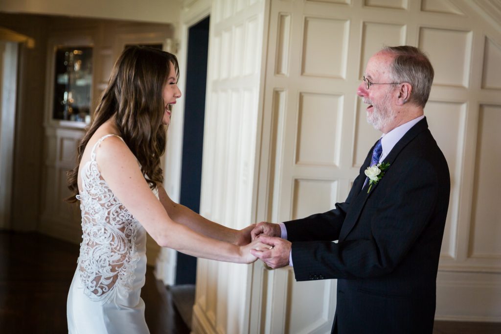 Father daughter first look at a Larchmont Shore Club wedding