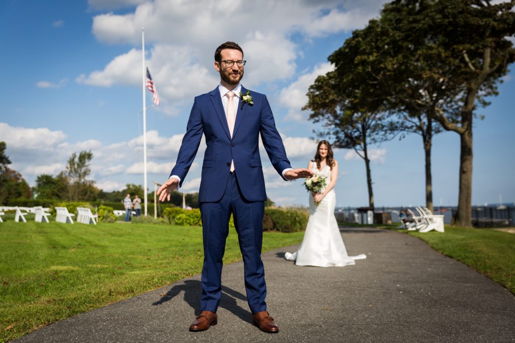 Bride and groom first look at a Larchmont Shore Club wedding