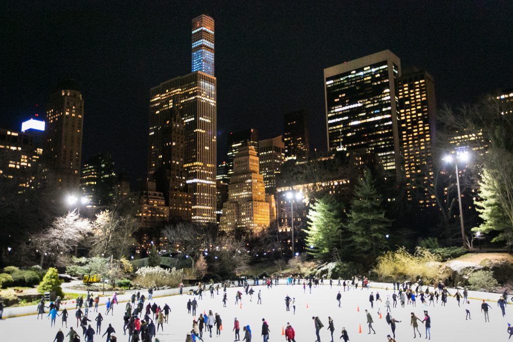 Ice skaters in Central Park for an article on NYC holiday card location suggestions