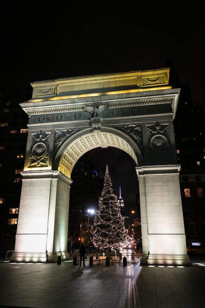 Washington Square Park Arch at Christmas for an article on NYC holiday card location suggestions