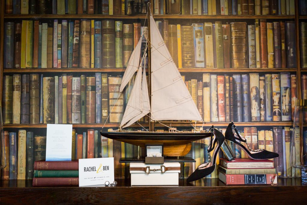 Sailboat, shoes, and accessories at a Larchmont Shore Club wedding